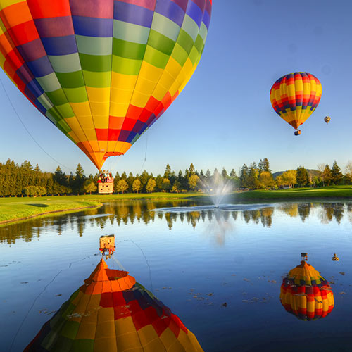 hot air balloon ride flying over vineyards